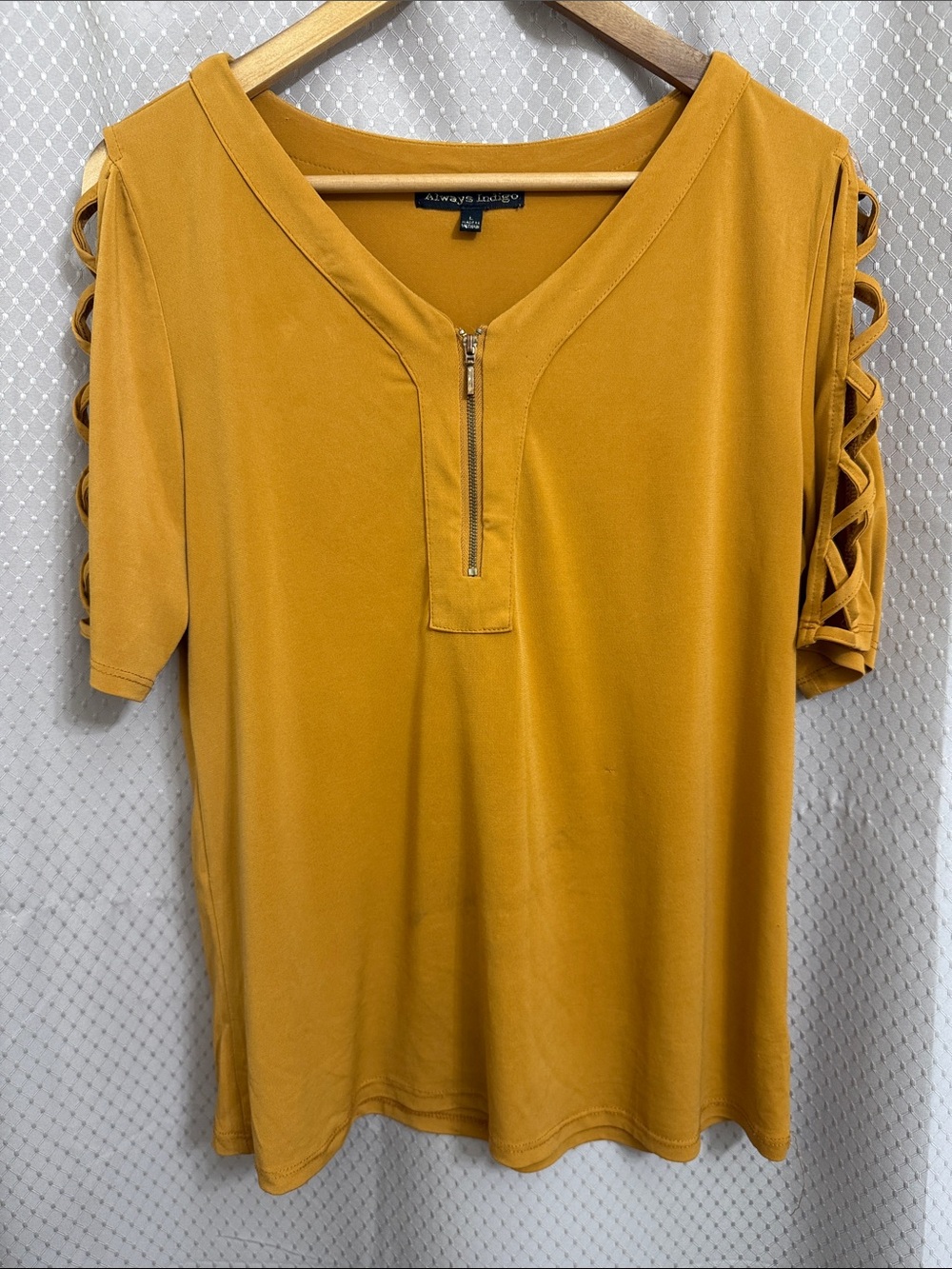 Always Be Joyful Mustard V-Neck Short Sleeve Top with Zip & Lattice Sleeves